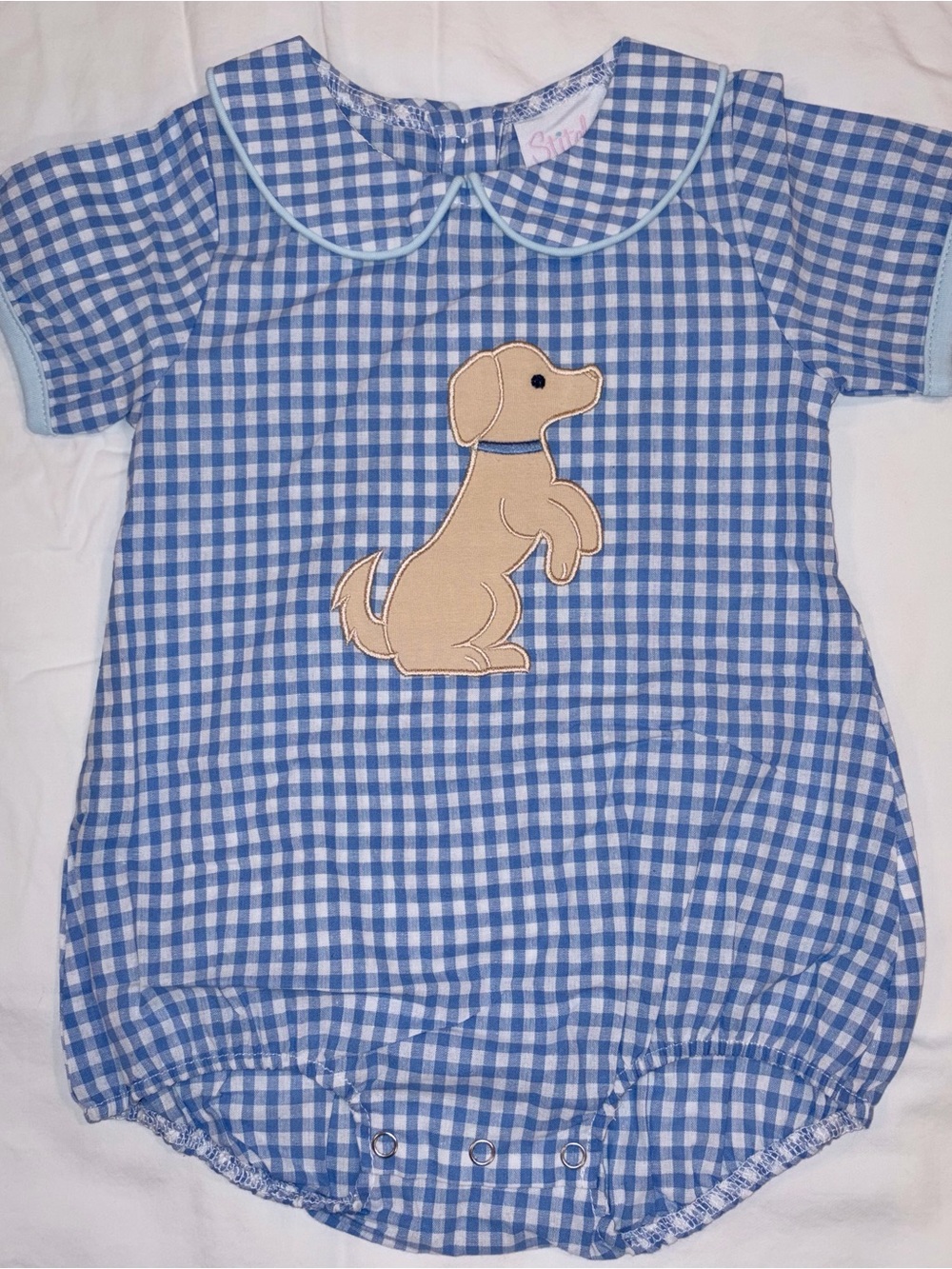 Stitchy Fish blue gingham Sit Stay Play Puppy Bubble sz 12 months NWT